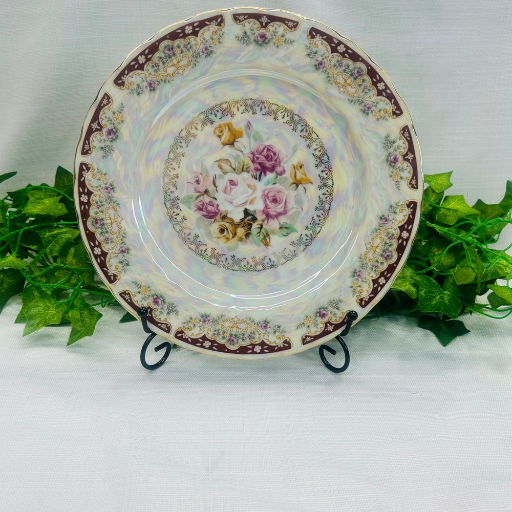Iridescent Lustreware Plate 10.25" Pink Yellow Rose Floral Burgundy Gold Trim